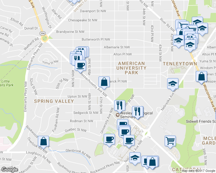map of restaurants, bars, coffee shops, grocery stores, and more near 4619 Van Ness Street Northwest in Washington