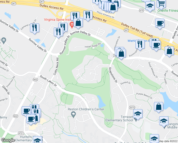 map of restaurants, bars, coffee shops, grocery stores, and more near 2018 Golf Course Drive in Reston