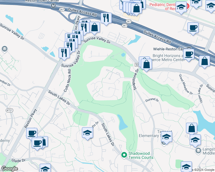 map of restaurants, bars, coffee shops, grocery stores, and more near 2018 Golf Course Drive in Reston