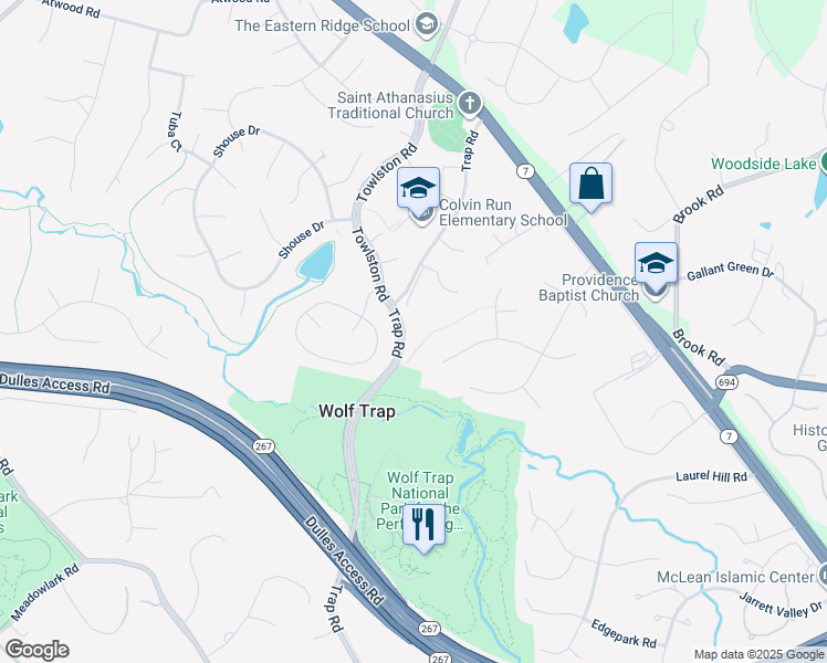 map of restaurants, bars, coffee shops, grocery stores, and more near 1435 Trap Road in Vienna