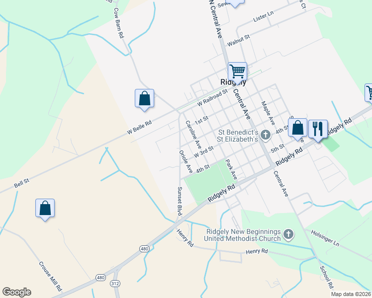 map of restaurants, bars, coffee shops, grocery stores, and more near 211 Caroline Avenue in Ridgely