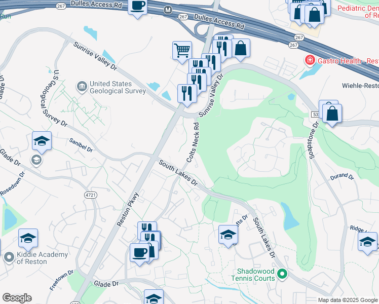 map of restaurants, bars, coffee shops, grocery stores, and more near 2030 Royal Fern Court in Reston