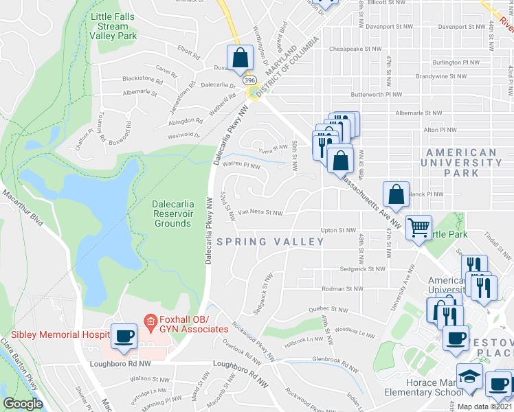 map of restaurants, bars, coffee shops, grocery stores, and more near 5045 Van Ness Street Northwest in Washington