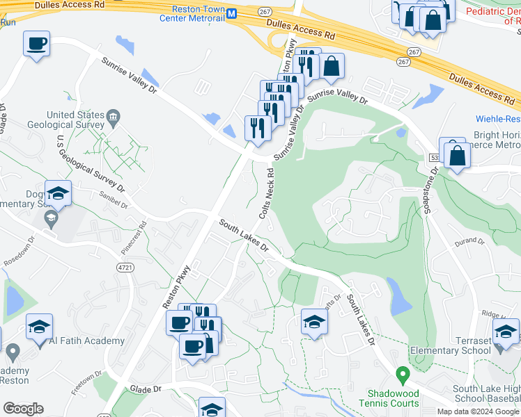 map of restaurants, bars, coffee shops, grocery stores, and more near 2030 Royal Fern Court in Reston