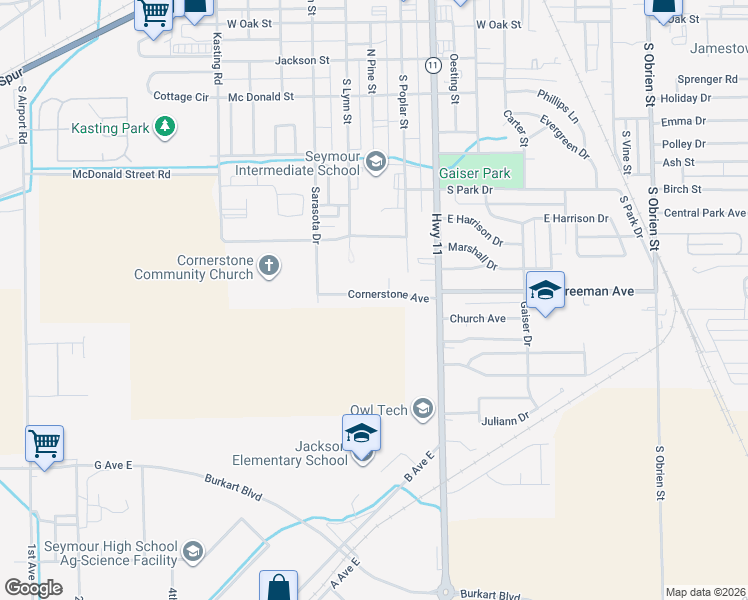 map of restaurants, bars, coffee shops, grocery stores, and more near 441 Cornerstone Avenue in Seymour