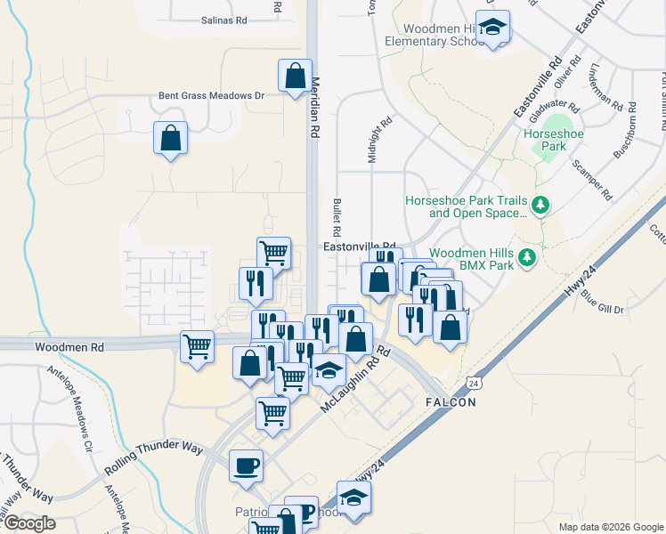 map of restaurants, bars, coffee shops, grocery stores, and more near 11819 Asplund Grove in Peyton