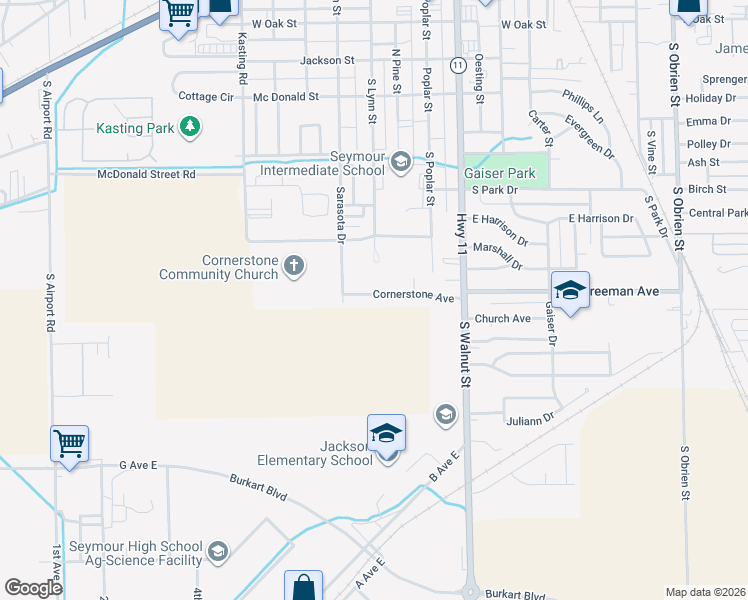 map of restaurants, bars, coffee shops, grocery stores, and more near 471 Cornerstone Avenue in Seymour