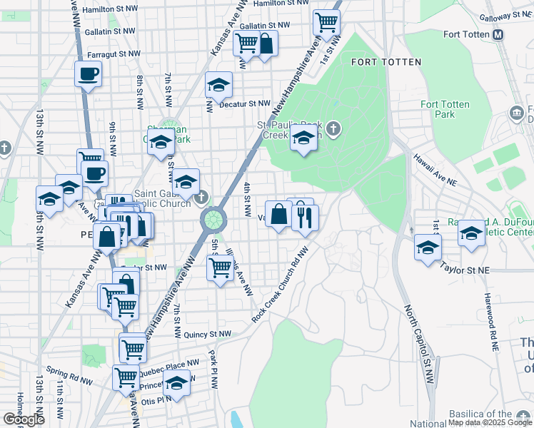 map of restaurants, bars, coffee shops, grocery stores, and more near 311 Varnum Street Northwest in Washington