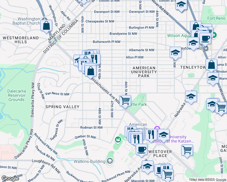 map of restaurants, bars, coffee shops, grocery stores, and more near 4201 47th Street Northwest in Washington