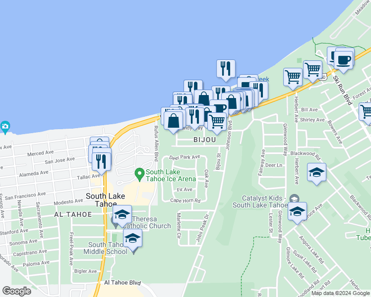 map of restaurants, bars, coffee shops, grocery stores, and more near 3334 Treehaven Drive in South Lake Tahoe