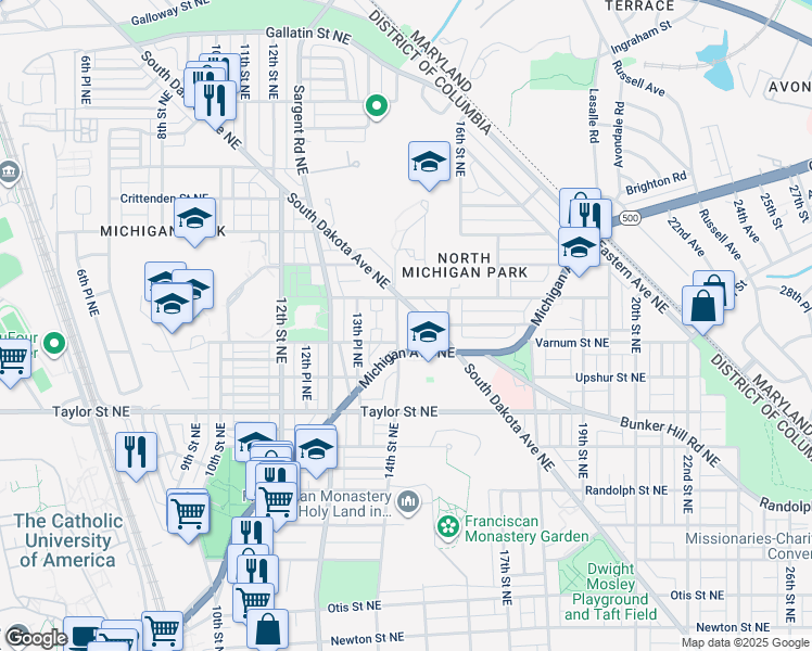 map of restaurants, bars, coffee shops, grocery stores, and more near 4425 14th Street Northeast in Washington