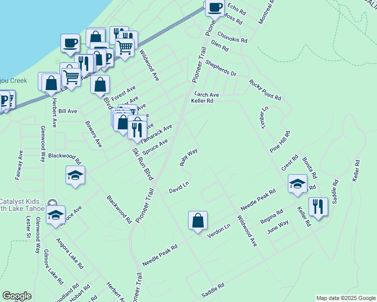 map of restaurants, bars, coffee shops, grocery stores, and more near 3764 Ruby Way in South Lake Tahoe