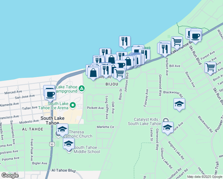 map of restaurants, bars, coffee shops, grocery stores, and more near 3375 Deer Park Avenue in South Lake Tahoe