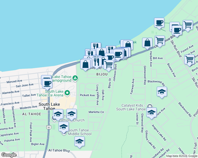 map of restaurants, bars, coffee shops, grocery stores, and more near 3375 Deer Park Avenue in South Lake Tahoe
