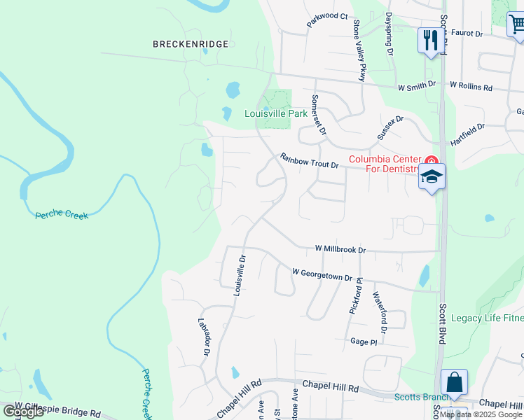 map of restaurants, bars, coffee shops, grocery stores, and more near 1393 Louisville Drive in Columbia