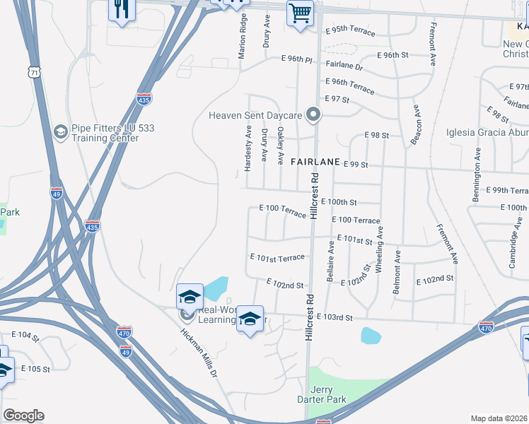 map of restaurants, bars, coffee shops, grocery stores, and more near 10004 Drury Avenue in Kansas City