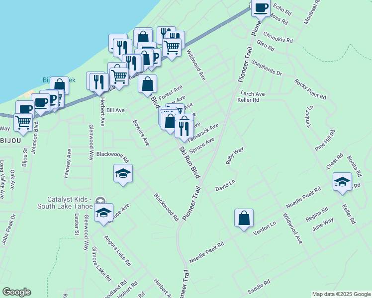 map of restaurants, bars, coffee shops, grocery stores, and more near 1177 Ski Run Boulevard in South Lake Tahoe