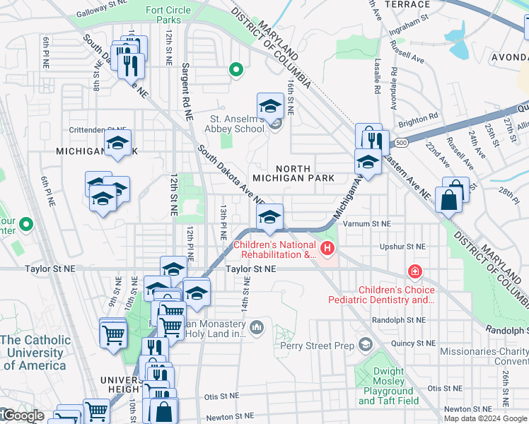map of restaurants, bars, coffee shops, grocery stores, and more near 4434 South Dakota Avenue Northeast in Washington