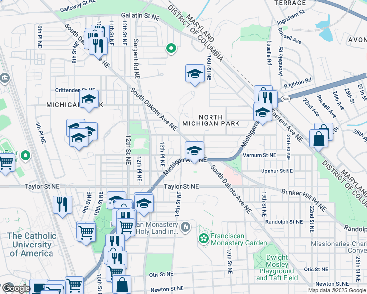 map of restaurants, bars, coffee shops, grocery stores, and more near 4425 14th Street Northeast in Washington