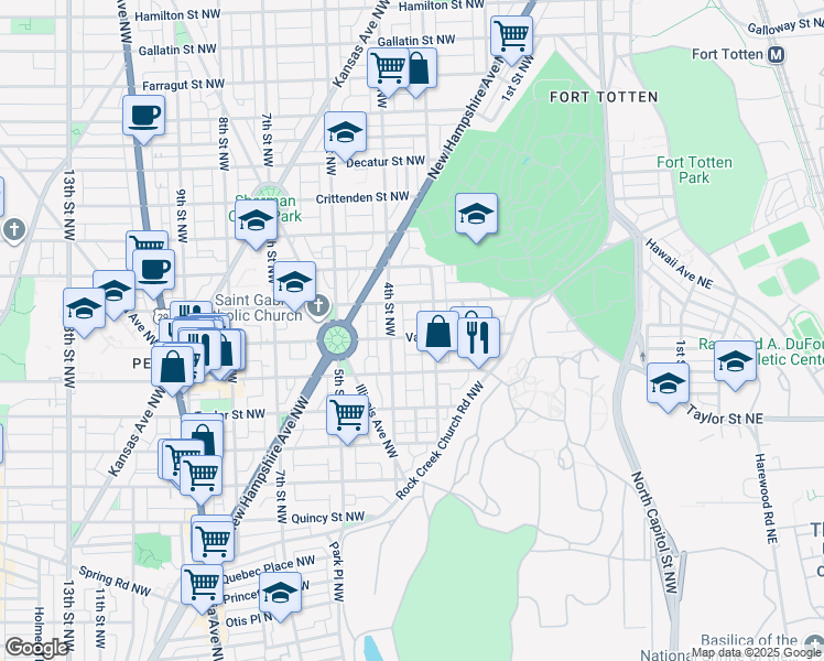 map of restaurants, bars, coffee shops, grocery stores, and more near 317 Varnum Street Northwest in Washington