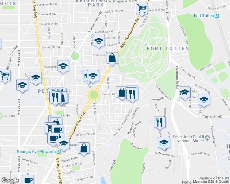 map of restaurants, bars, coffee shops, grocery stores, and more near 317 Varnum Street Northwest in Washington