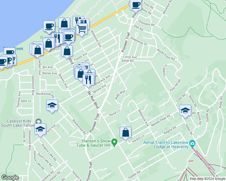 map of restaurants, bars, coffee shops, grocery stores, and more near 3646 Pioneer Trail in South Lake Tahoe