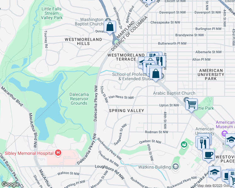 map of restaurants, bars, coffee shops, grocery stores, and more near 5045 Van Ness Street Northwest in Washington