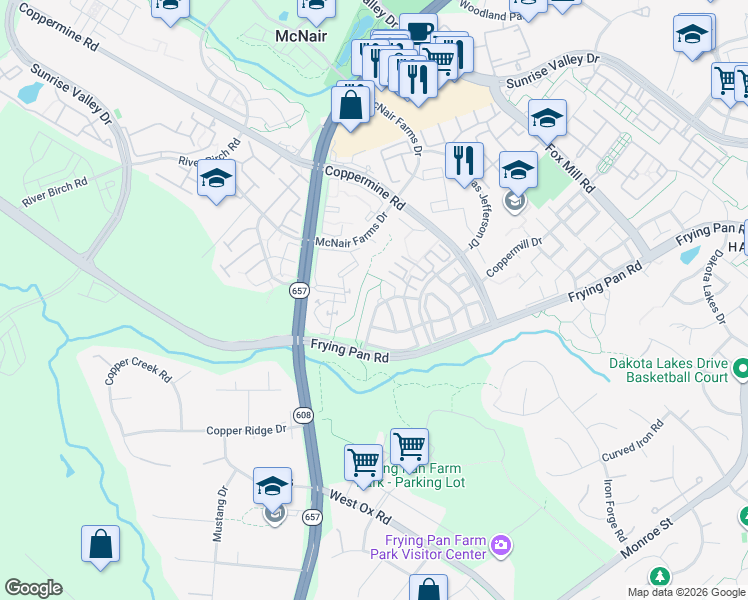 map of restaurants, bars, coffee shops, grocery stores, and more near 2699 Tarleton Corner Drive in Herndon