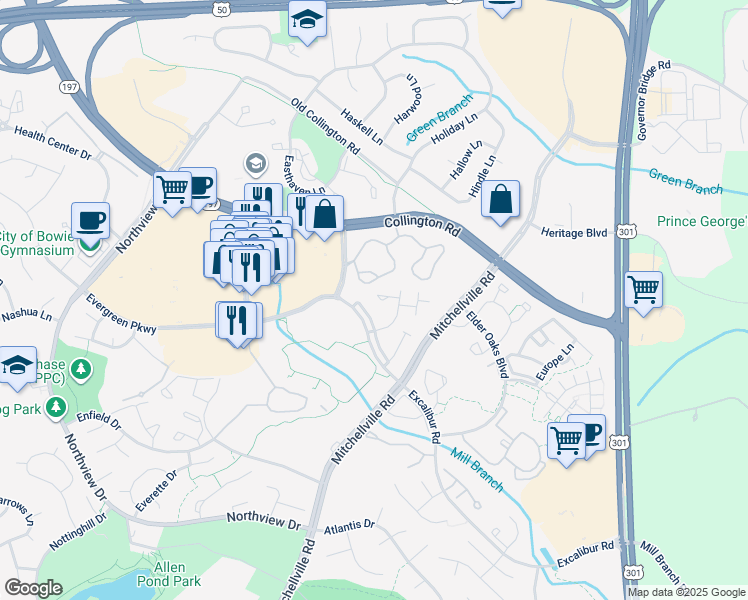 map of restaurants, bars, coffee shops, grocery stores, and more near 15901 Elf Stone Court in Bowie