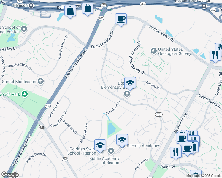 map of restaurants, bars, coffee shops, grocery stores, and more near 2274 White Cornus Lane in Reston