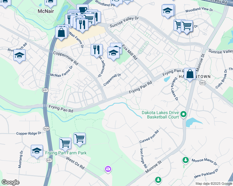 map of restaurants, bars, coffee shops, grocery stores, and more near 13174 Kidwell Field Road in Herndon