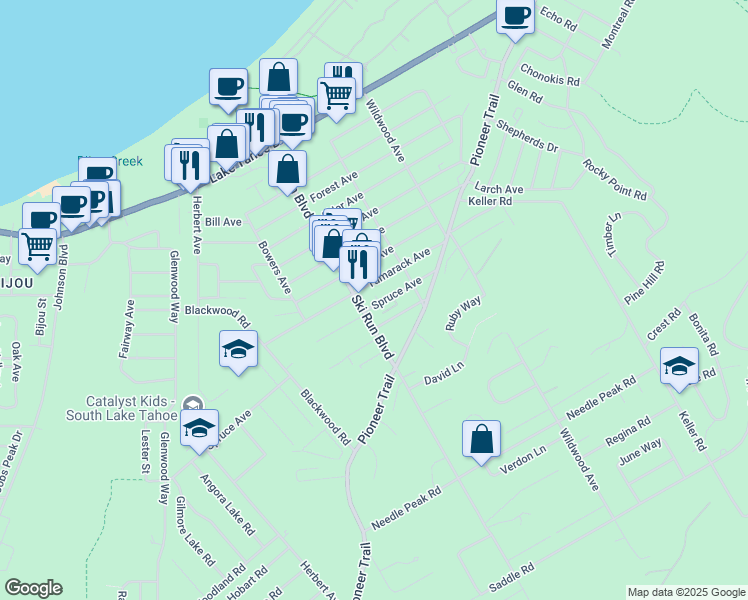 map of restaurants, bars, coffee shops, grocery stores, and more near 3665 Spruce Avenue in South Lake Tahoe