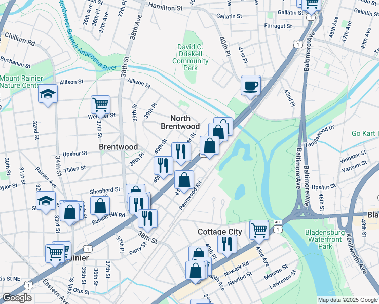 map of restaurants, bars, coffee shops, grocery stores, and more near 4506 41st Avenue in North Brentwood