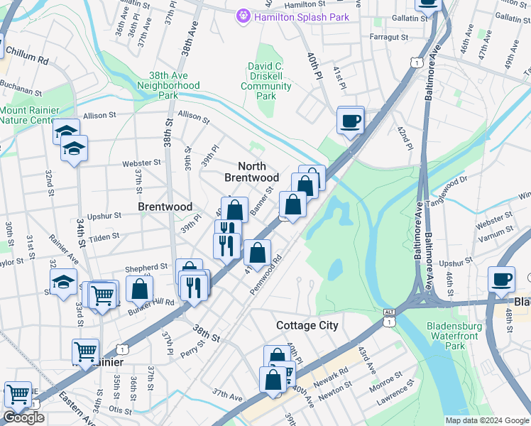 map of restaurants, bars, coffee shops, grocery stores, and more near 4506 41st Avenue in North Brentwood