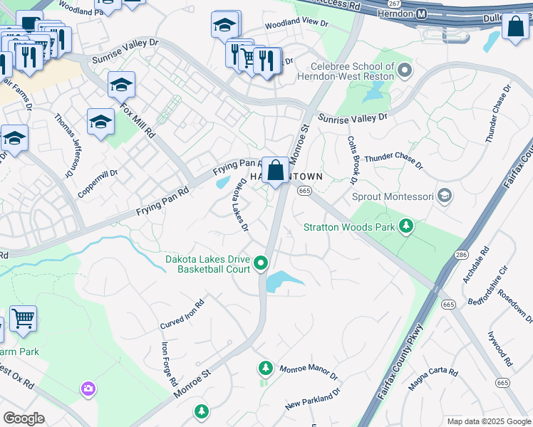 map of restaurants, bars, coffee shops, grocery stores, and more near 12985 Azalea Woods Way in Herndon