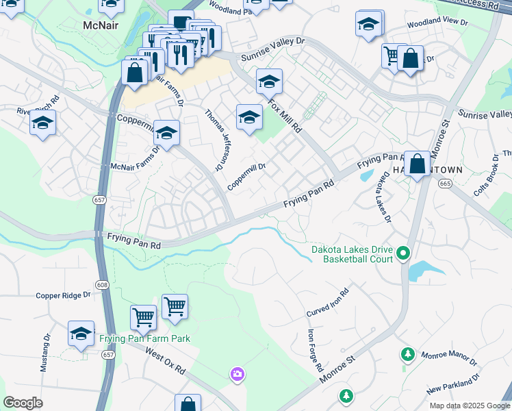 map of restaurants, bars, coffee shops, grocery stores, and more near 13174 Kidwell Field Road in Herndon