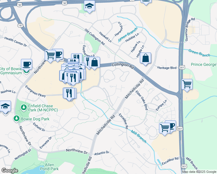 map of restaurants, bars, coffee shops, grocery stores, and more near 15901 Elf Stone Court in Bowie
