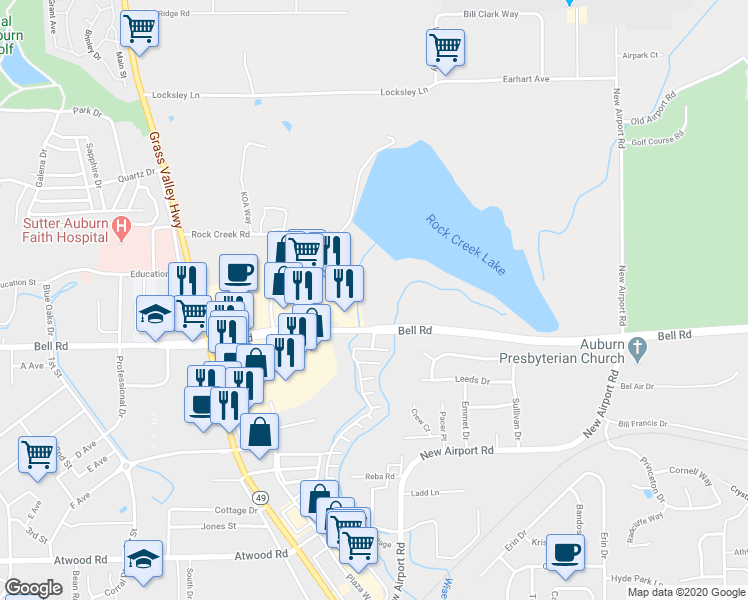 map of restaurants, bars, coffee shops, grocery stores, and more near 2400 Bell Road in Auburn