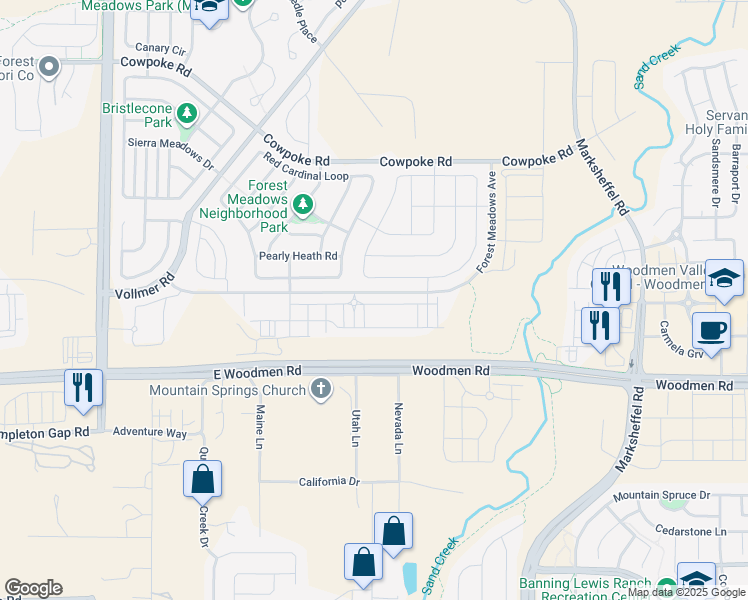 map of restaurants, bars, coffee shops, grocery stores, and more near 7677 Conifer Cone Grove in Colorado Springs