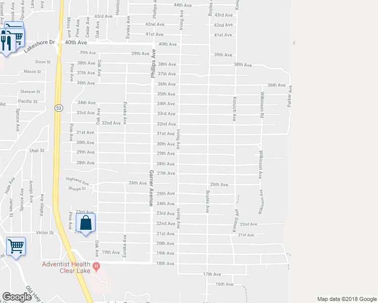 map of restaurants, bars, coffee shops, grocery stores, and more near 16046 29th Avenue in Clearlake