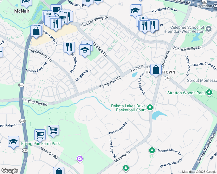 map of restaurants, bars, coffee shops, grocery stores, and more near 13207 Ashnut Lane in Herndon