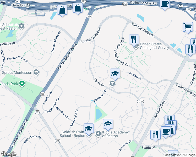 map of restaurants, bars, coffee shops, grocery stores, and more near 2272 White Cornus Lane in Reston