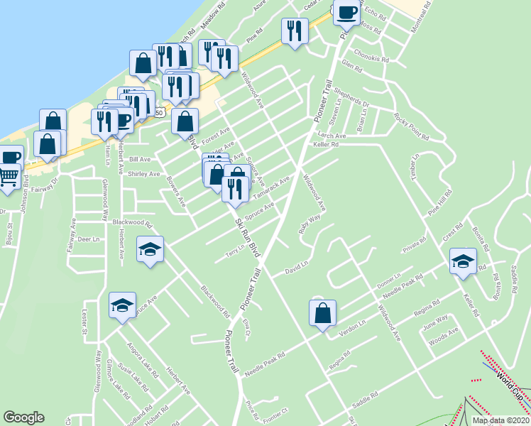 map of restaurants, bars, coffee shops, grocery stores, and more near 3688 Spruce Avenue in South Lake Tahoe