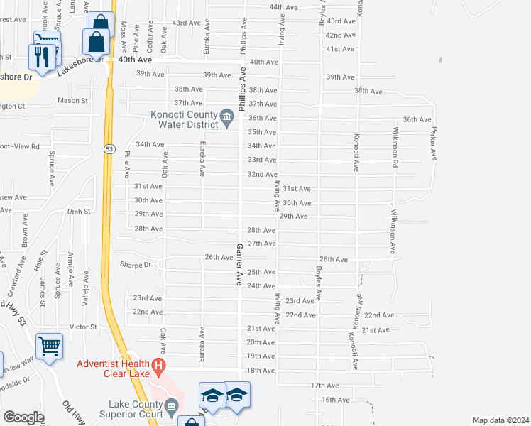 map of restaurants, bars, coffee shops, grocery stores, and more near 15950 29th Avenue in Clearlake