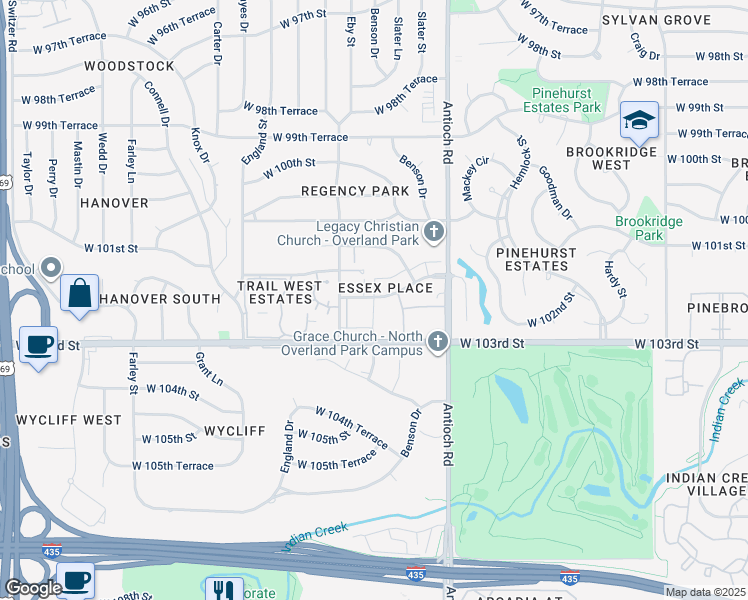 map of restaurants, bars, coffee shops, grocery stores, and more near 10255 Eby Court in Overland Park