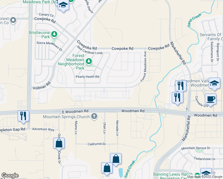 map of restaurants, bars, coffee shops, grocery stores, and more near 7677 Conifer Cone Grove in Colorado Springs