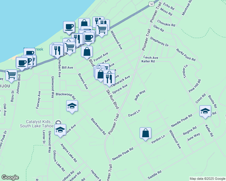 map of restaurants, bars, coffee shops, grocery stores, and more near in South Lake Tahoe