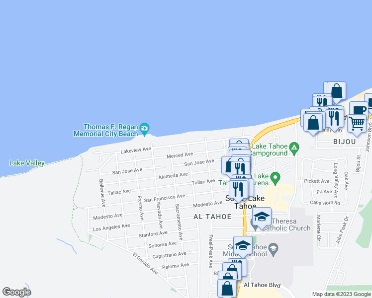 map of restaurants, bars, coffee shops, grocery stores, and more near 896 Merced Avenue in South Lake Tahoe