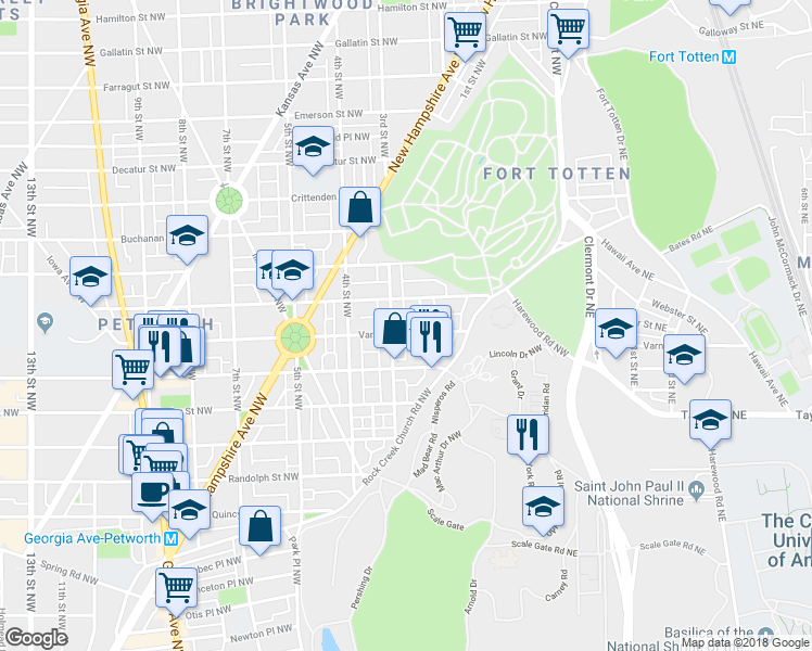 map of restaurants, bars, coffee shops, grocery stores, and more near 219 Varnum Street Northwest in Washington