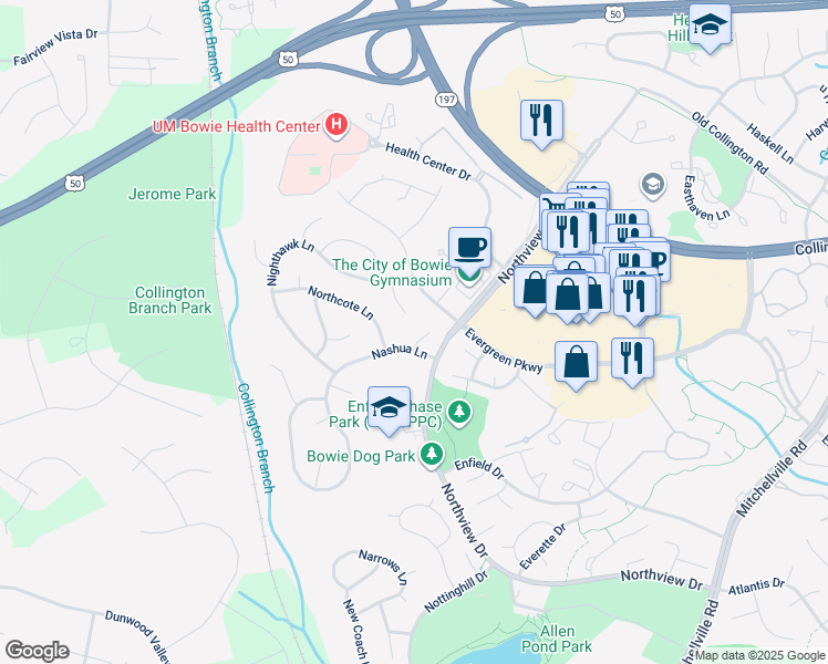 map of restaurants, bars, coffee shops, grocery stores, and more near 3902 Norwalk Place in Bowie